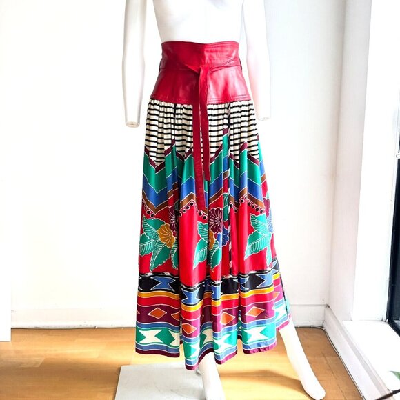 Vintage Wayne Clark Colourful Geometric Print Leather Detail Maxi Skirt S - Picture 2 of 10